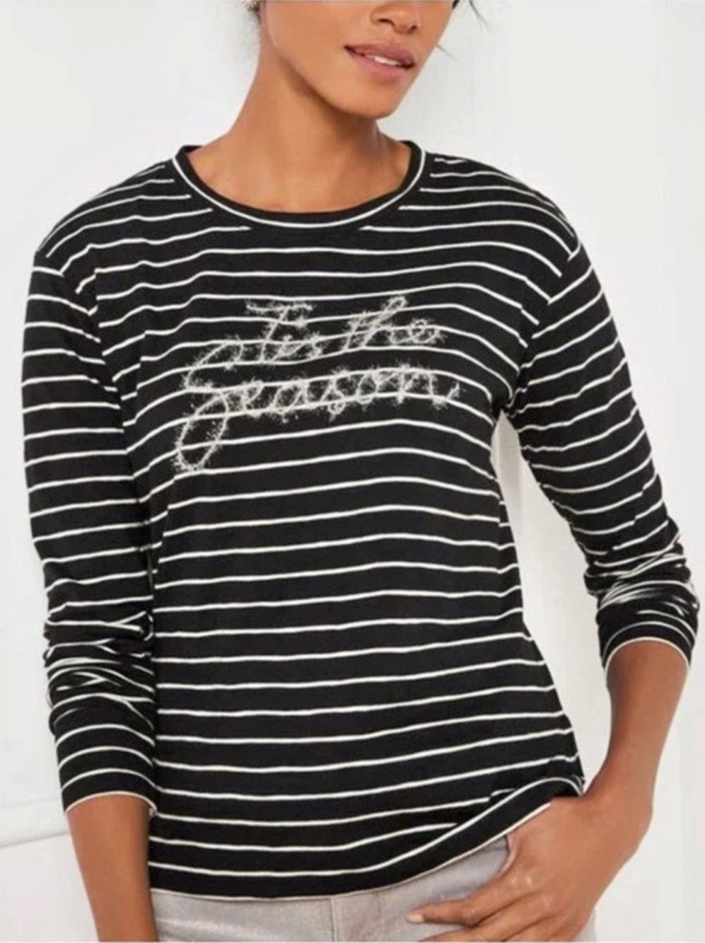 Talbots Tis The Season Tinsel Crewneck Tee Black & White XS